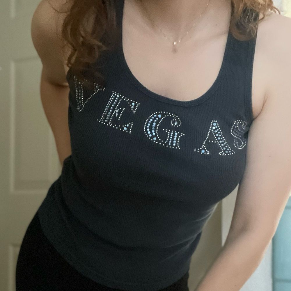 Vintage Y2K Ribbed‎ Graphic Embellished Vegas Tank Top Size Small